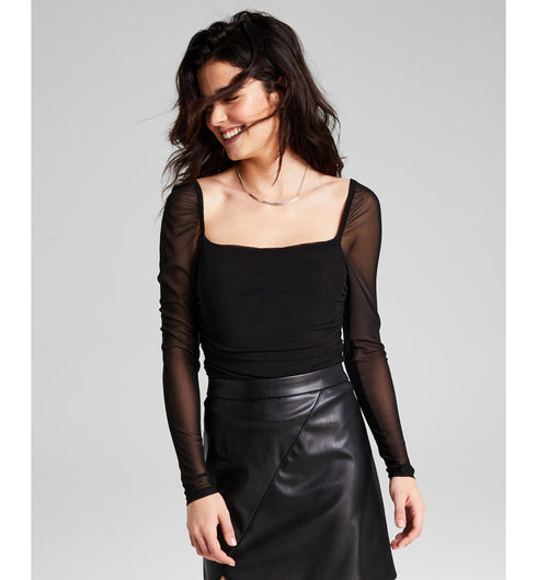 Women's Puff-Sleeve Ruched Long Sleeve Bodysuit